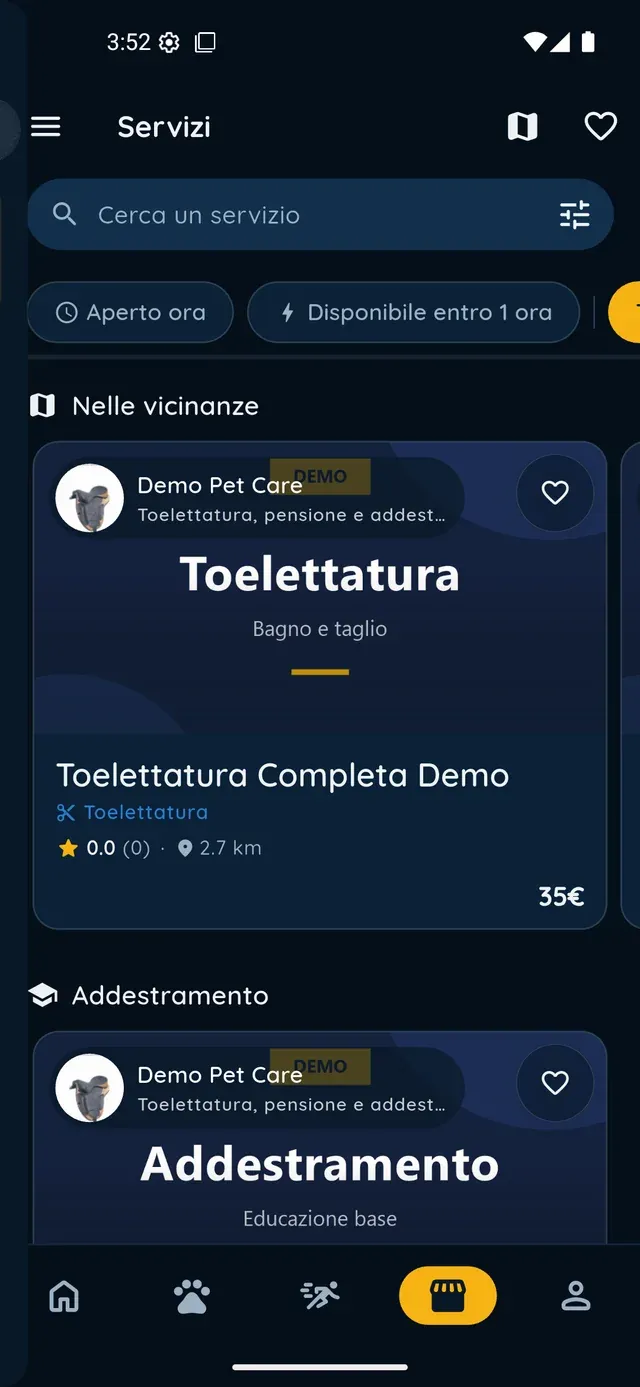 Búsqueda de servicios en la app PawsPet